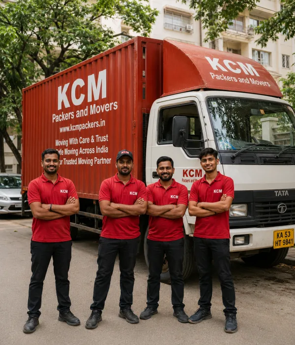 KCM Packers and Movers uniformed team standing beside their branded moving truck, ready to answer your relocation questions
