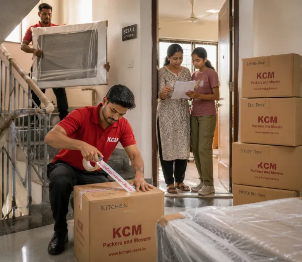 KCM crew handling a home and shop move in Beta I Greater Noida