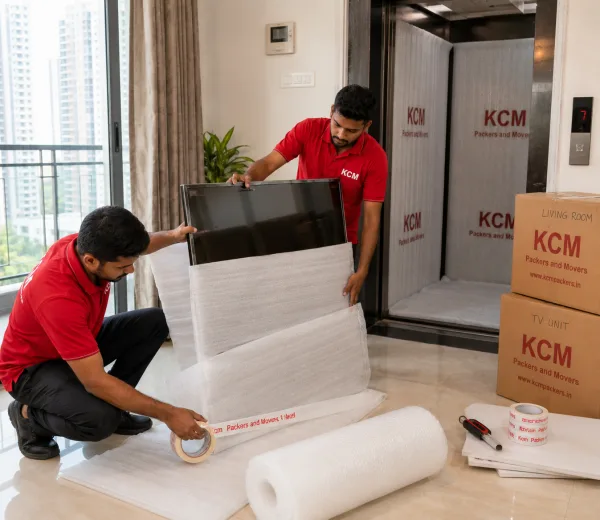 KCM crew handling a high-rise society move in Chi III Greater Noida