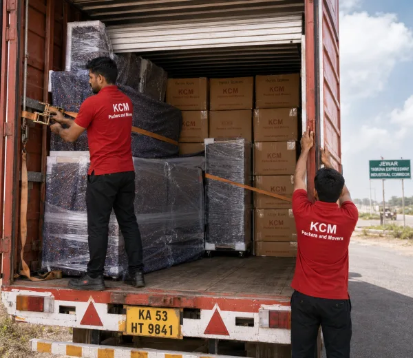 KCM crew handling a move in the Jewar Airport corridor along the Yamuna Expressway