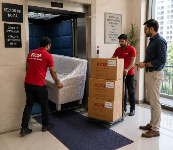KCM crew handling a home move in Sector 104 Noida