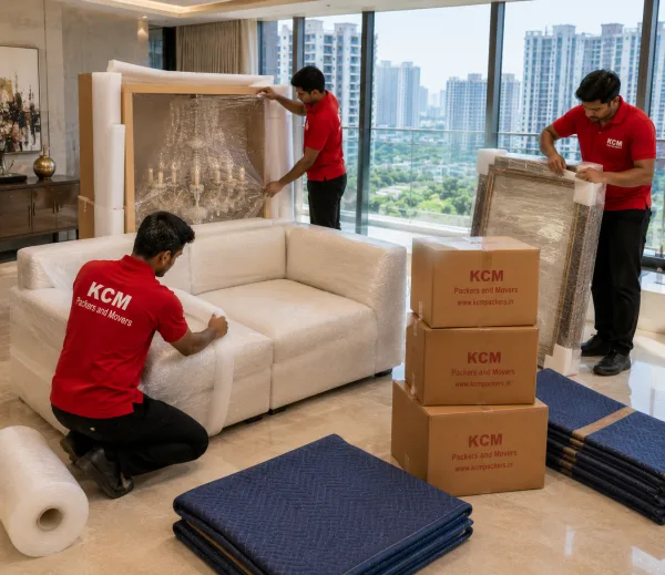 KCM crew handling a premium high-rise move in Sector 107 Noida