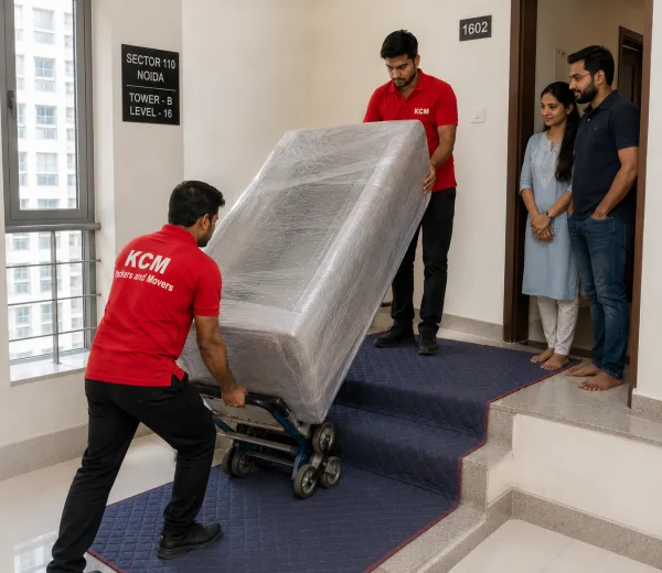 KCM crew handling a high-rise society move in Sector 110 Noida