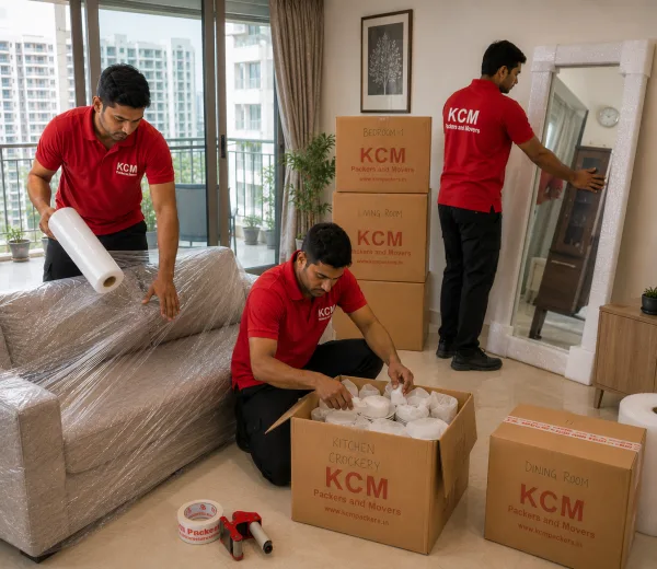 KCM crew handling a society move in Sector 116 Noida