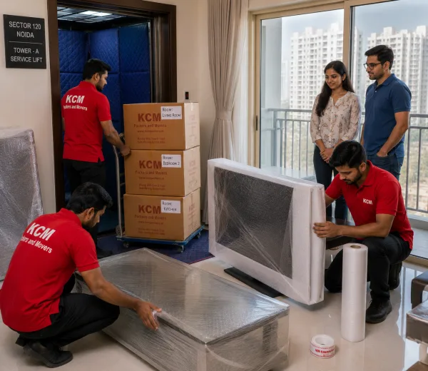 KCM crew handling a high-rise society move in Sector 120 Noida
