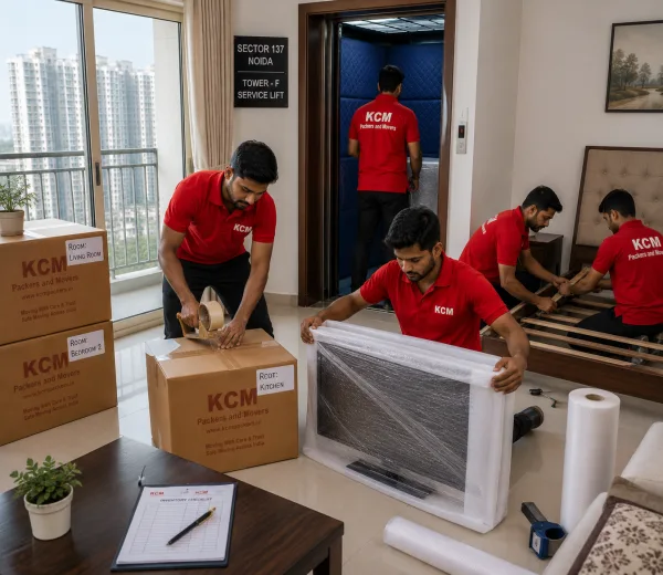 KCM crew handling a high-rise move in Sector 137 Noida