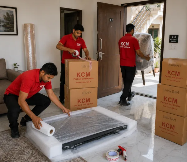 KCM crew handling a home move in Sector 73 Noida