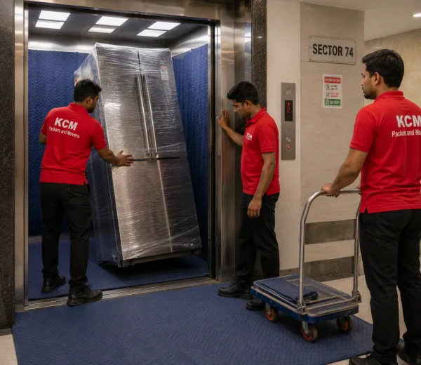 KCM crew handling a high-rise society move in Sector 74 Noida