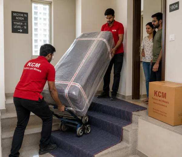 KCM crew handling a high-rise move in Sector 76 Noida