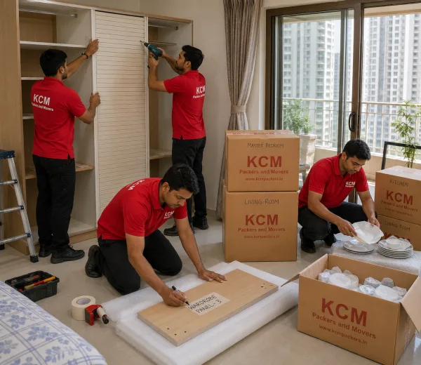 KCM crew handling a high-rise move in Sector 77 Noida
