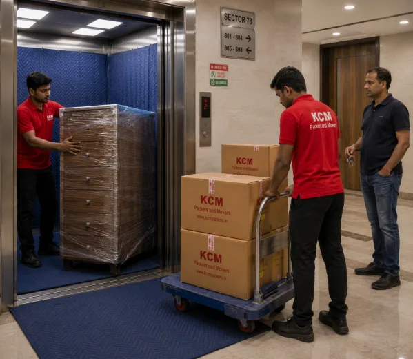 KCM crew handling a high-floor move in Sector 78 Noida