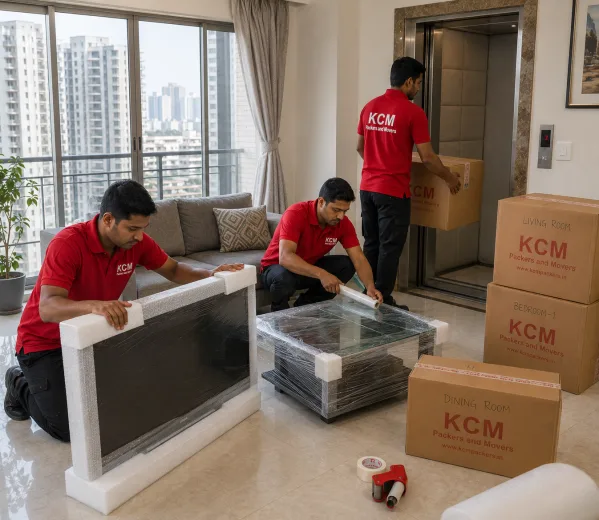 KCM crew handling a high-rise society move in Sector 99 Noida