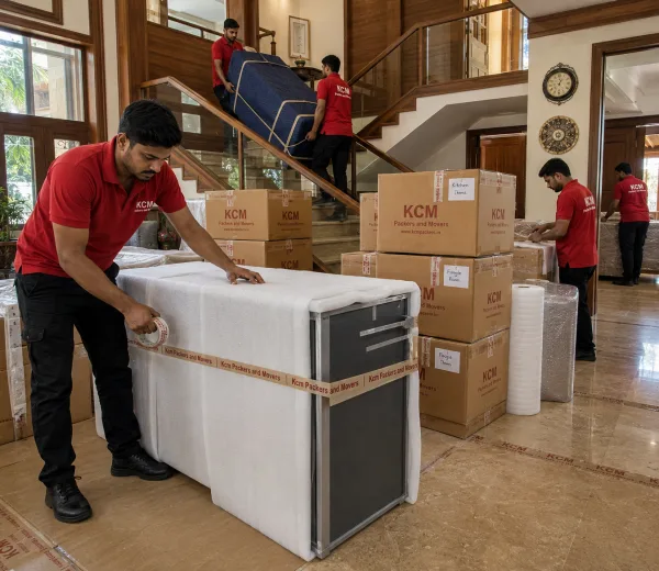 KCM crew handling a bungalow move in Sector Eta I Greater Noida