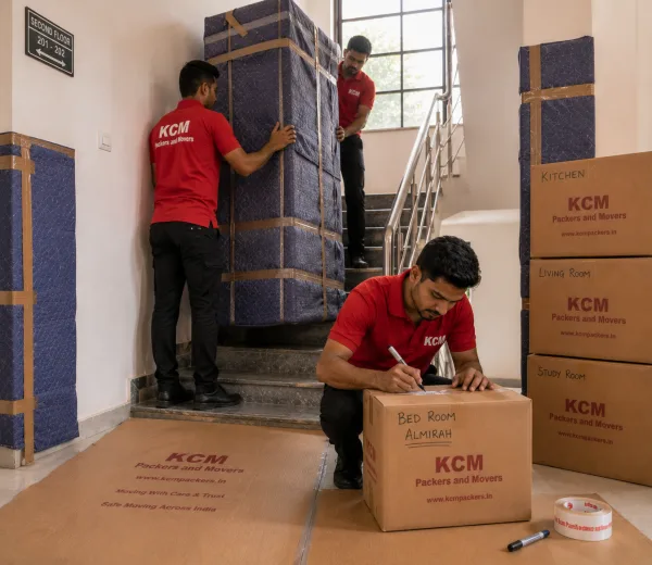 KCM crew handling a home move in Sector Omicron II Greater Noida