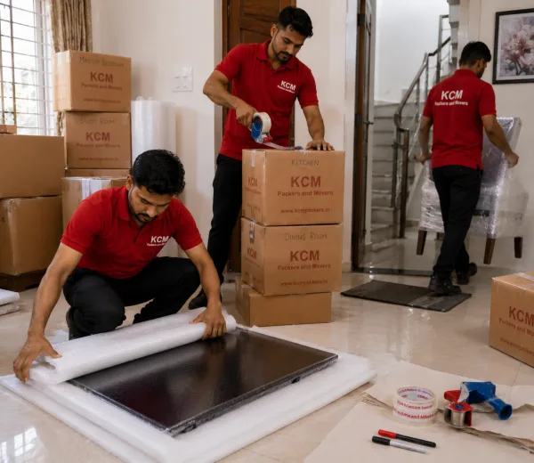 KCM crew handling a home move in Sector Omicron III Greater Noida